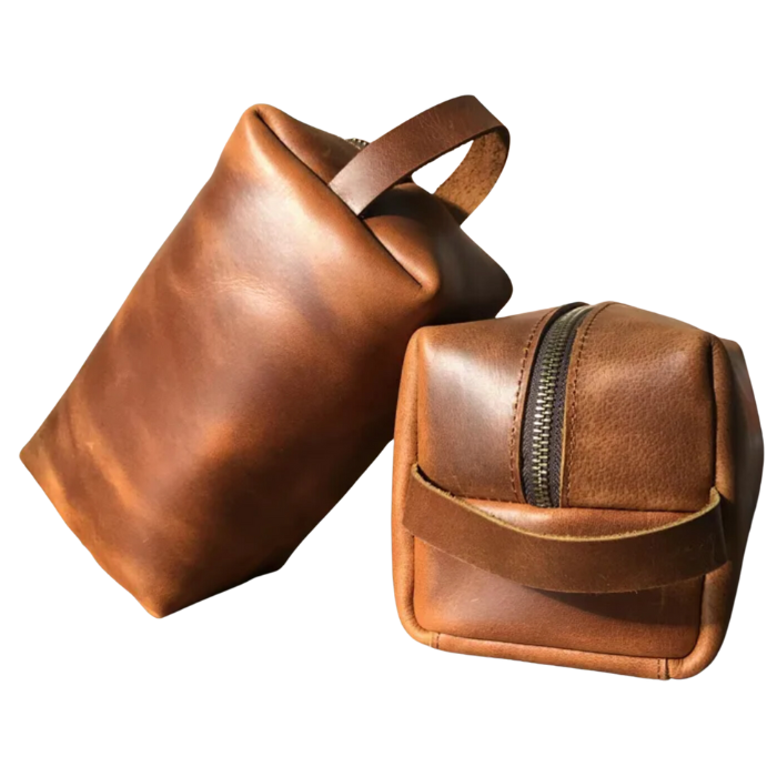 the coolest way to keep your stuff when you're traveling or getting ready. It's made from real, high-quality leather that's tough and looks great.